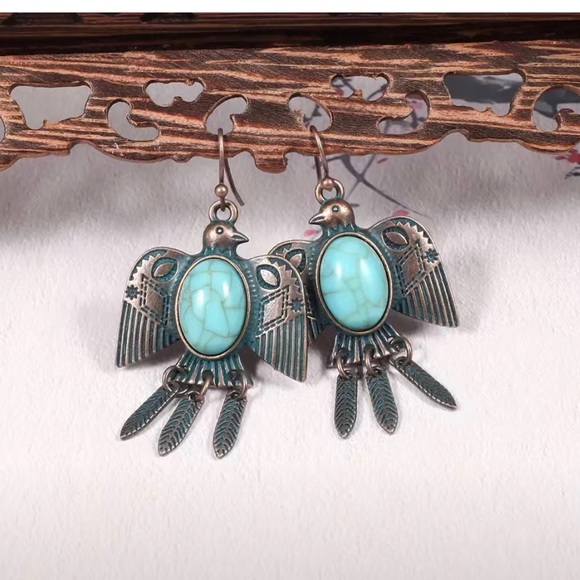 Western Aztec Bronze Tone Bird Dangle Feather Earrings with Faux Turquoise Stone - Picture 2 of 3